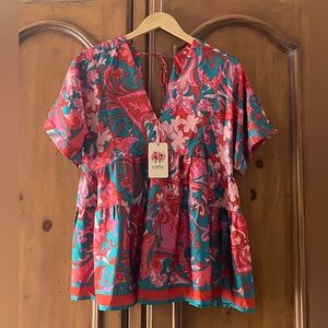 NWT Entro Womens Medium V-Neck Short Sleeve Floral Babydoll Top With Tie